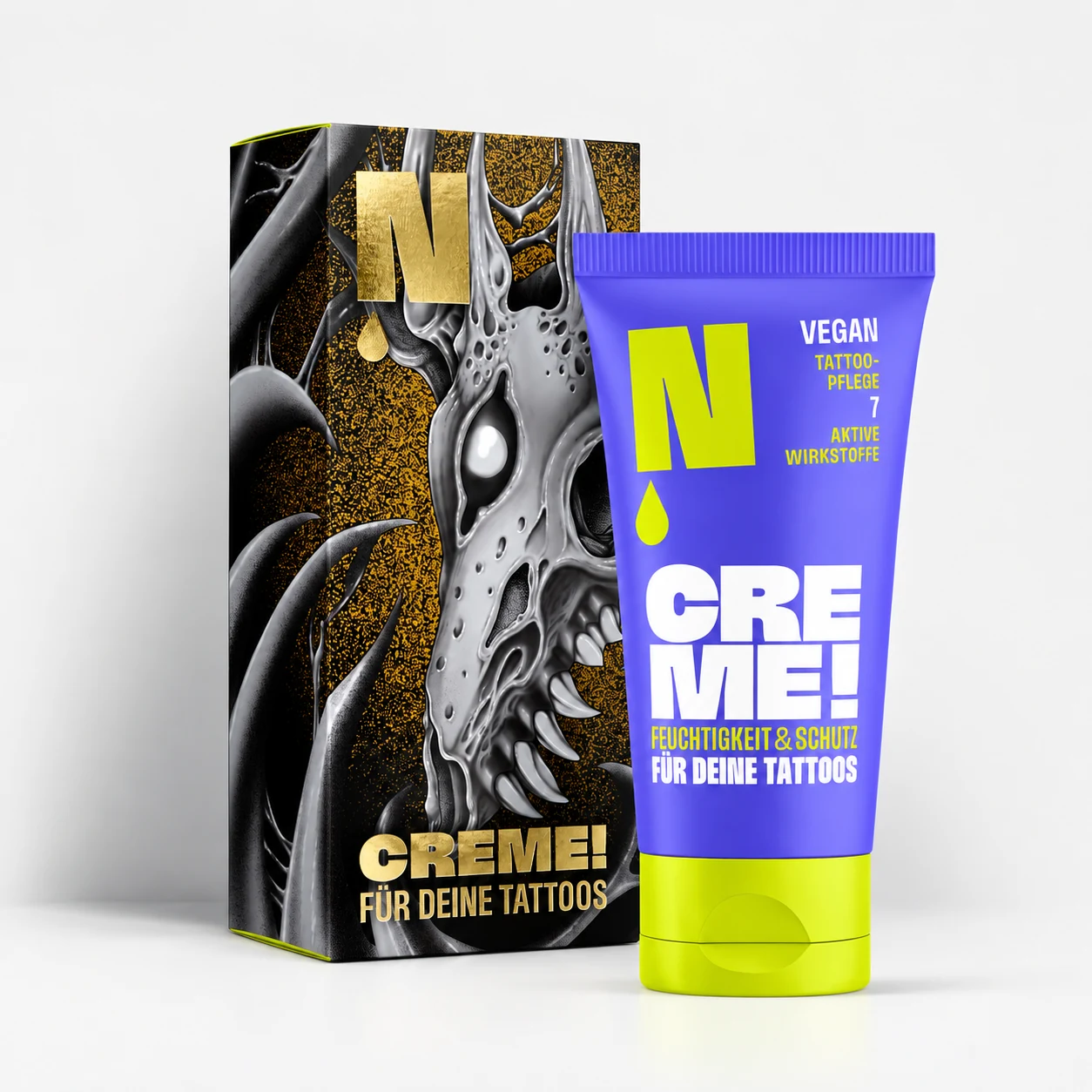 Neba Aftercare Creme 50 ml, Tattoo Creme in der Rob Monsta Box mit Drachenschädel